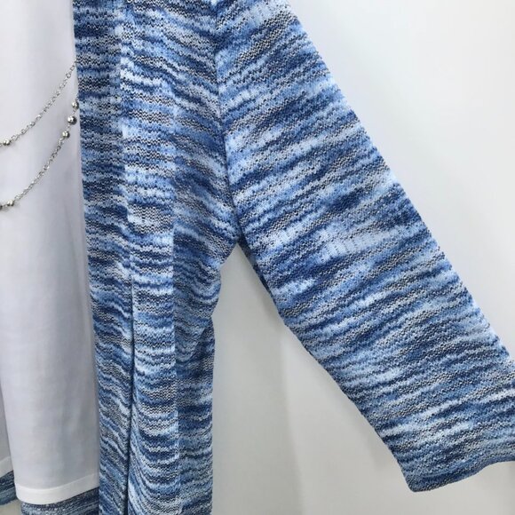 Women's 2X Mock Twinset Top Marled Blue White + Faux Silver Necklace Lagenlook - Picture 3 of 10